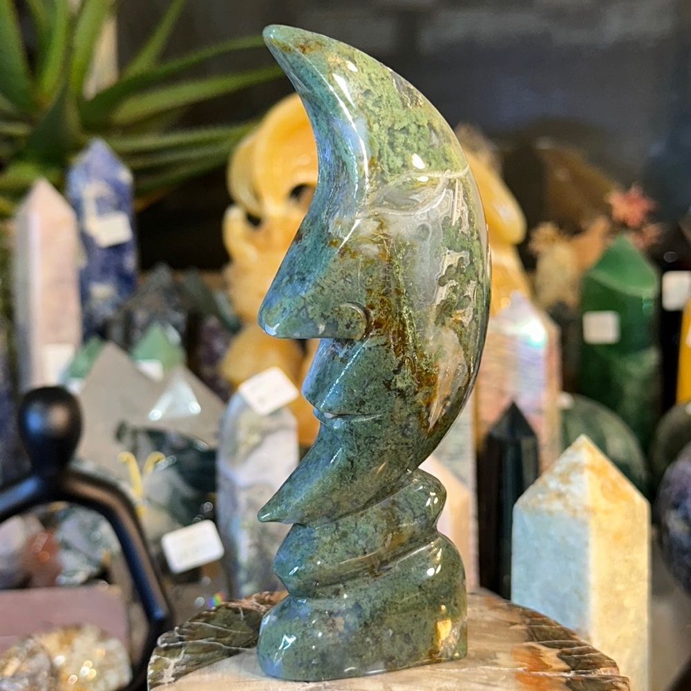🔥SALE🔥 Hand Carved Moss Agate Crystal Moon Face!